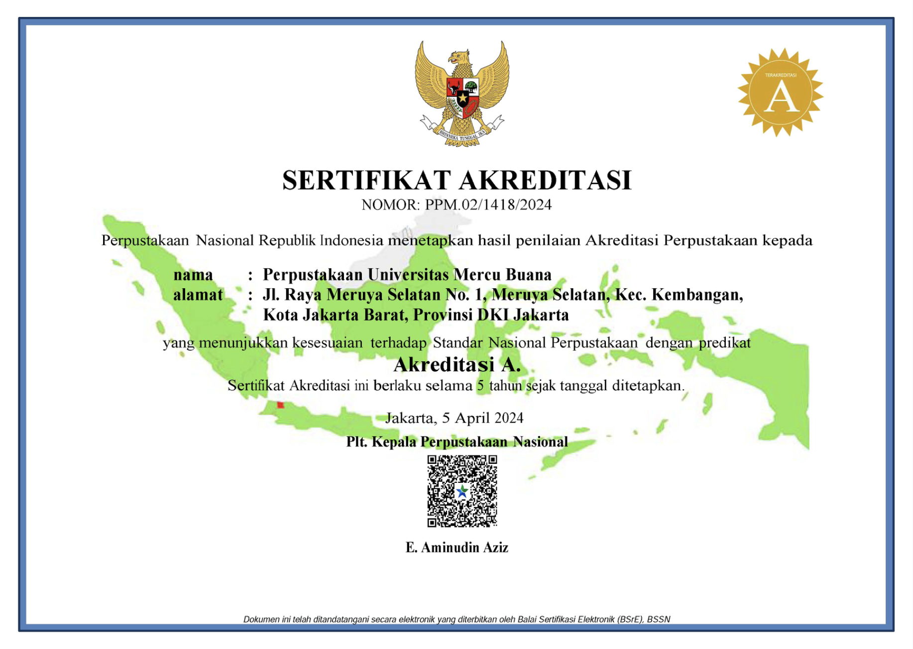 Sertifikat Akreditasi Perpustakaan Universitas Mercu Buana